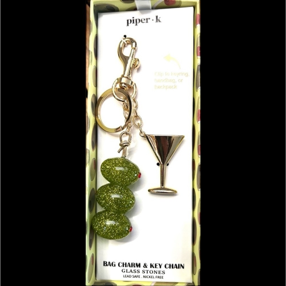 🫒🍸PIPER K Gold MARTINI Glass and sparkly 3 Olive Bag Charm & Key Chain🫒🍸NWT